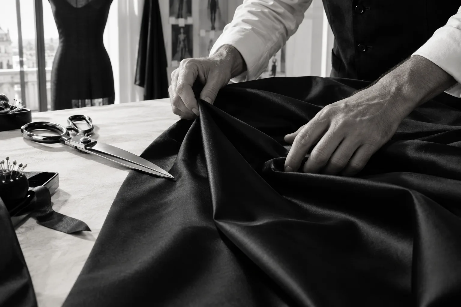 Conceptual fashion editorial showing fabric being arranged by hand