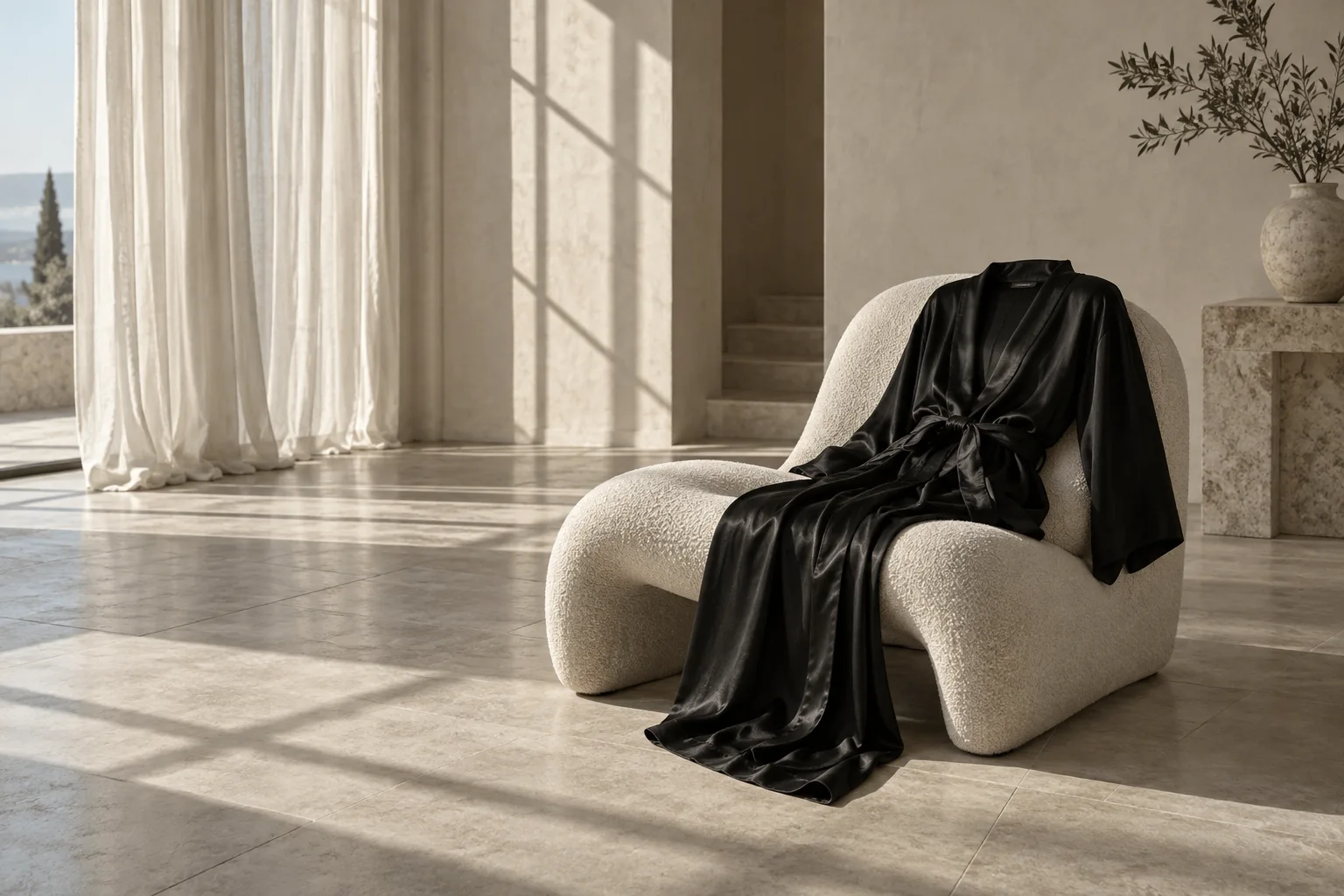 Editorial scene of a black robe on a sculptural chair