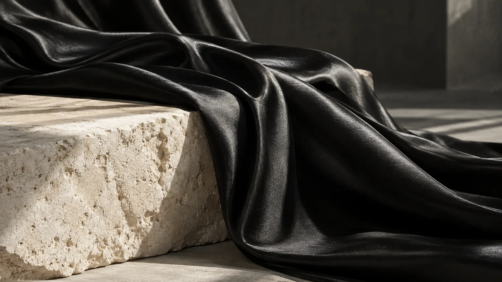 Sculptural folds of black satin against pale stone